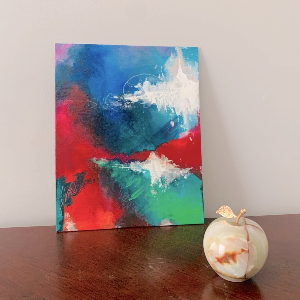 Original Art Acrylic Painting Canvas Wall Abstract Expressionism Color Teal Red